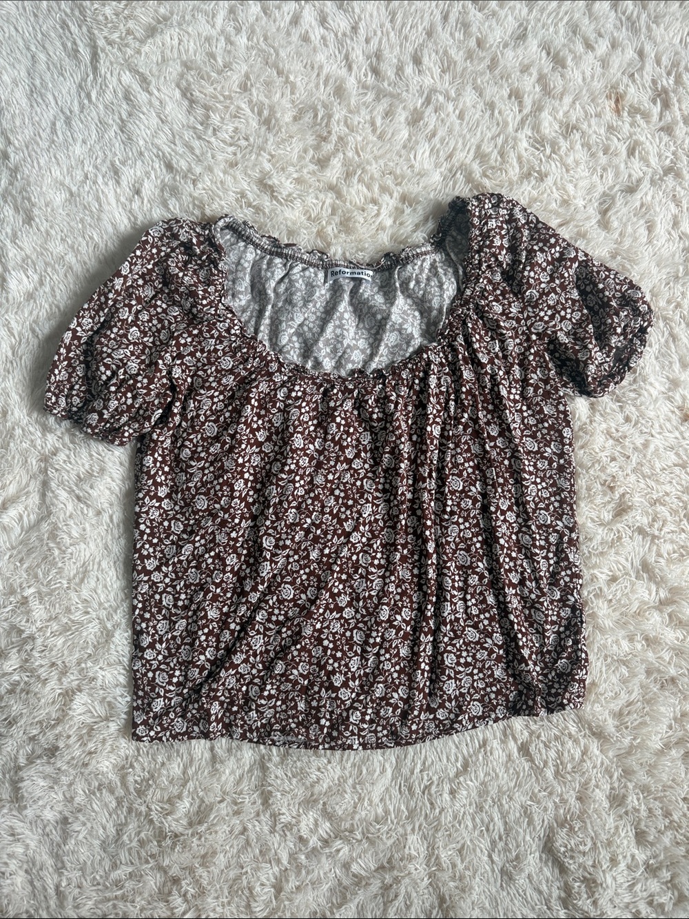 Reformation Brown Floral Puff Sleeve Scoop Neck Top